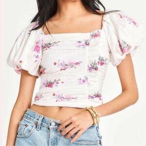 LoveShackFancy White Floral Puff Sleeve Crop Top
